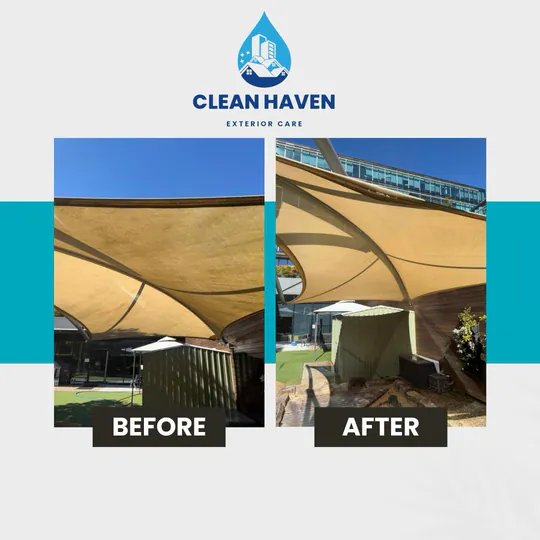 Childcare Centre Multi-Sail Canopy Soft Wash, before and after cleaning by CleanHaven