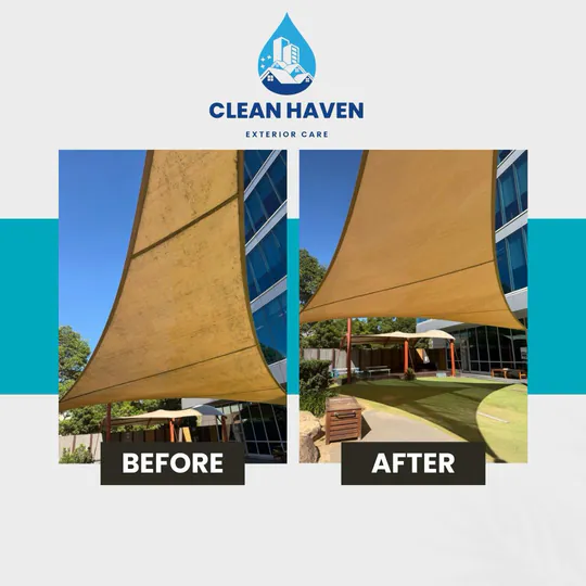 Childcare Centre Shade Sail, Office Frontage Soft Wash, before and after cleaning by CleanHaven