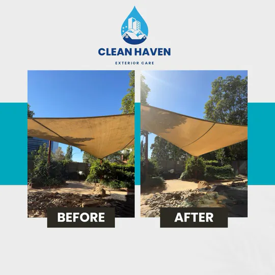 Childcare Centre Shade Sail, Play Area Soft Wash, before and after cleaning by CleanHaven