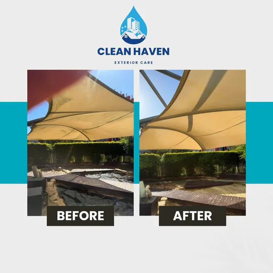 Childcare Centre Shade Sail, Sandpit Soft Wash, before and after cleaning by CleanHaven
