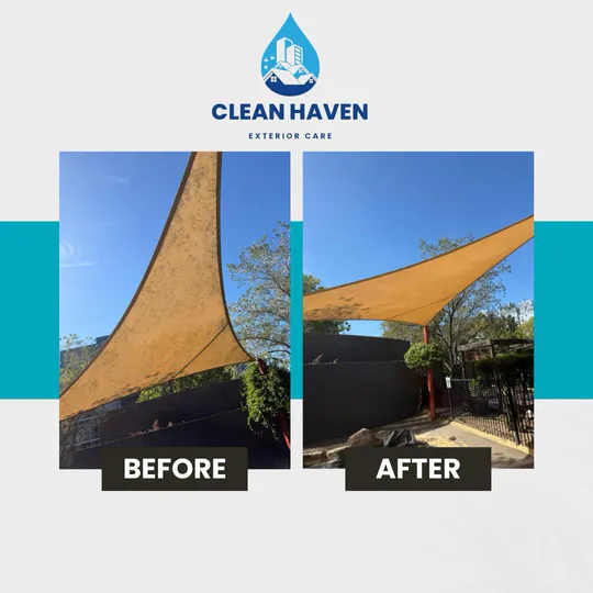 Childcare Centre Triangular Shade Sail Soft Wash, before and after cleaning by CleanHaven