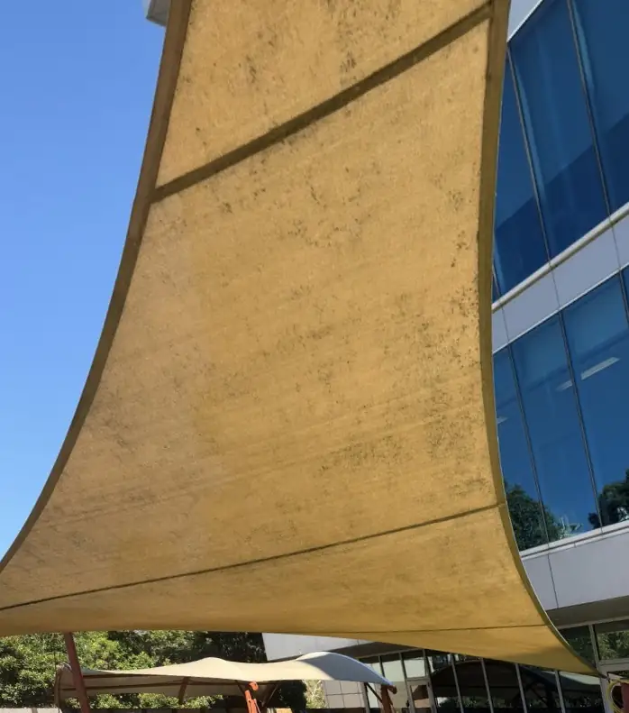 Sand-coloured shade sail covered in dark mould spots before soft washing