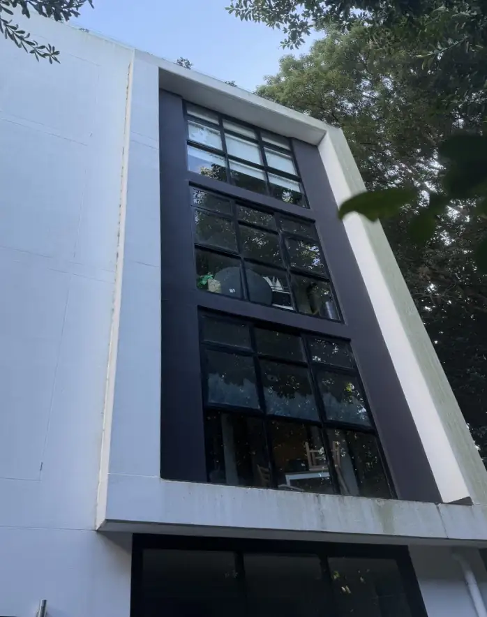 Four-storey white rendered building with green growth along the window sills before soft washing