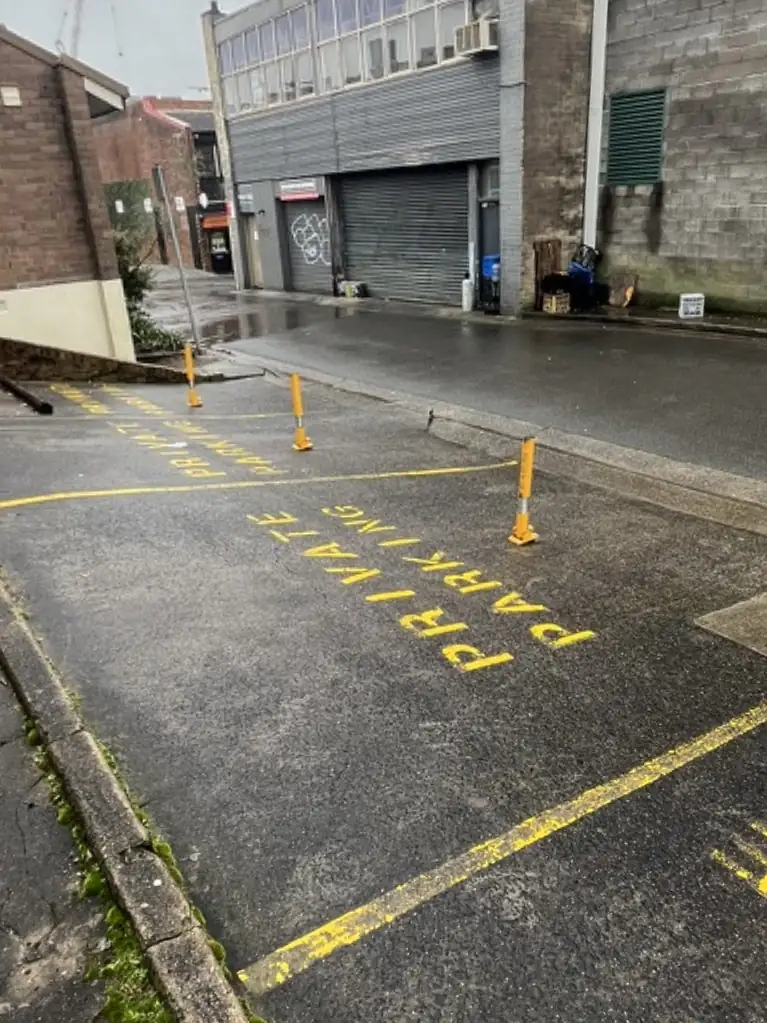 Laneway parking bays with dark, grimy concrete and moss along the kerb