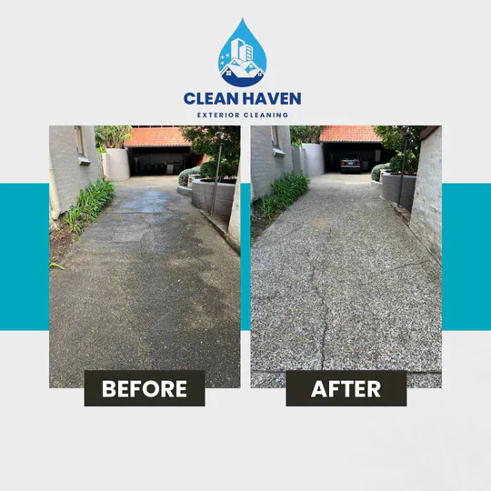 Long Driveway Transformation, before and after cleaning by CleanHaven