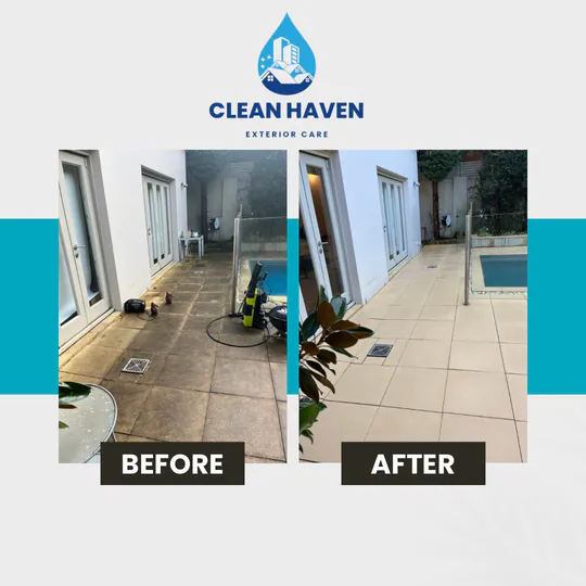 Pool Deck Tile Cleaning, before and after cleaning by CleanHaven