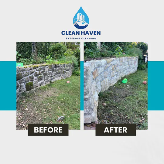 Sandstone Wall Moss Removal, before and after cleaning by CleanHaven