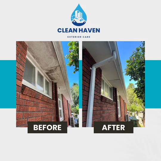 Brickwork and gutter line before and after soft washing