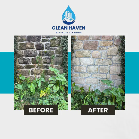 Stone Brick Wall Moss Removal, before and after cleaning by CleanHaven