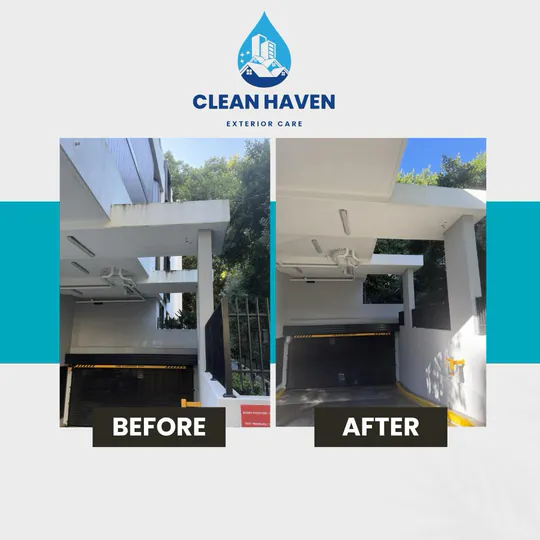 Strata Car Park Entry, White Render Soft Wash, before and after cleaning by CleanHaven
