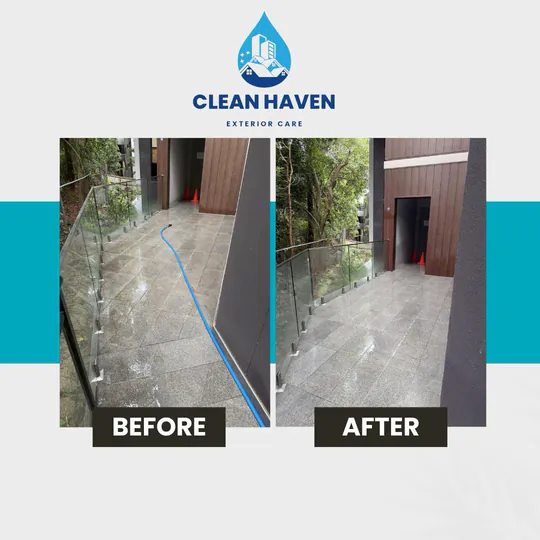 Strata Common Walkway, Stone Tile Pressure Clean, before and after cleaning by CleanHaven